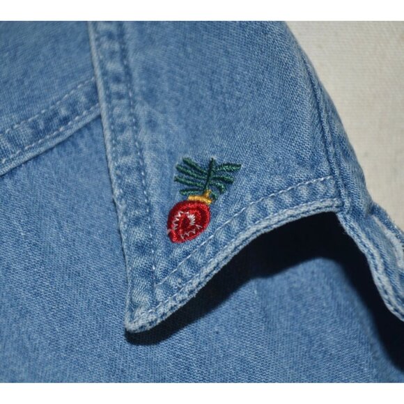 Vintage Quizz Again Cotton Denim Button Up Shirt Size M Embroidered Christmas - Picture 3 of 9